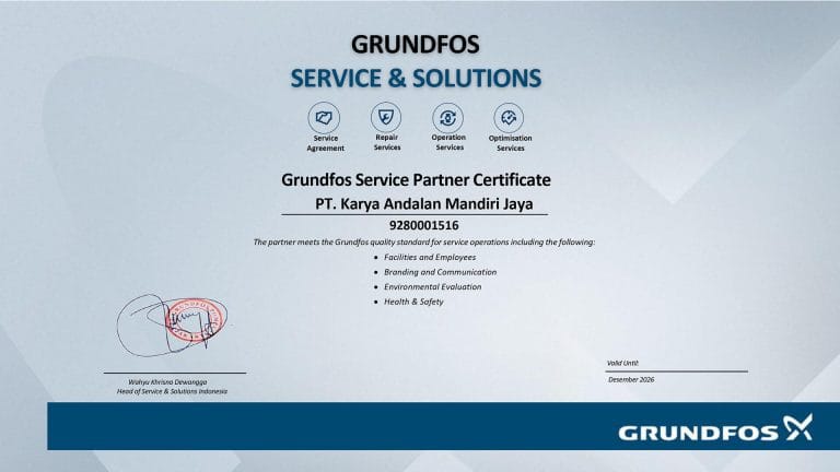 Certificate PT. Karya Andalan Mandiri Jaya Service Partner Grundfos
